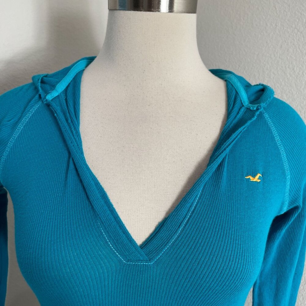 Y2K Hollister HCO Surf Company Womens Medium Turquoise Ribbed Hooded Top - Picture 2 of 10